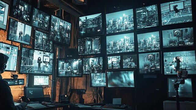 Cybersecurity Control Room: A Vigilant Operator Monitors Multiple Screens Displaying Real-Time Surveillance Footage