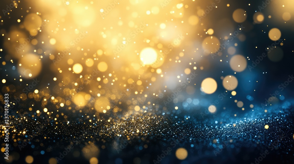 Poster abstract background with shimmering bokeh lights in gold and blue tones, creating a magical and drea