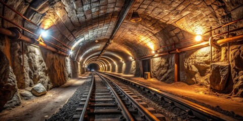 Illuminated Railroad Tunnel A Journey Through Underground Rock Formations and Industrial Infrastructure