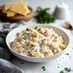 Creamy macaroni and cheese with ham and herbs, a comforting food photo