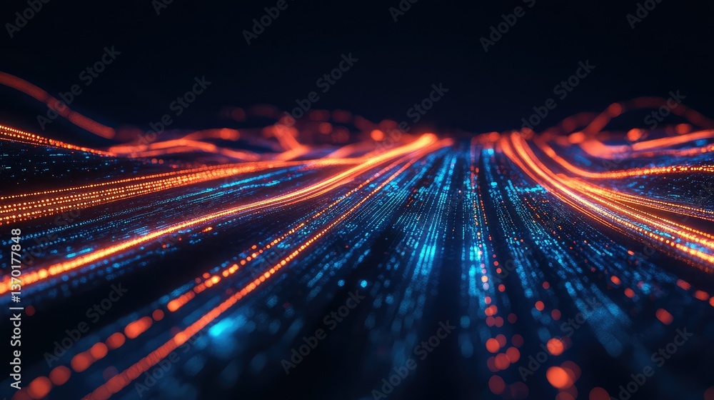 Poster abstract digital landscape with glowing lines in blue and orange, creating a futuristic perspective 