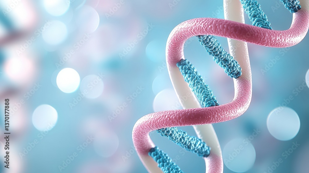 Poster a vibrant, close-up rendering of a dna helix, showcasing its intricate structure against a soft blue