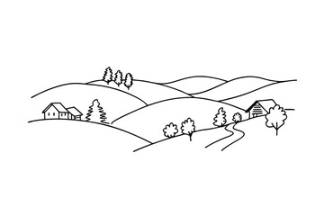 Rolling Hills Landscape Farmhouses, Trees, Winding Road, Simple Line Drawing