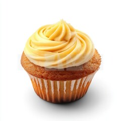 Vanilla cupcake with creamy swirl frosting on top isolated on white background