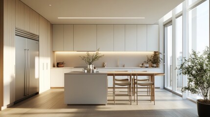Modern city apartment kitchen, sunlight, spacious, clean