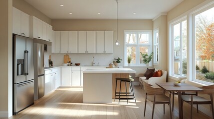 Modern Kitchen with Sunlight, Island, Dining Nook