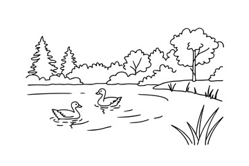 Serene Lakeside Scene Ducks, Trees, and Tranquil Nature Drawing