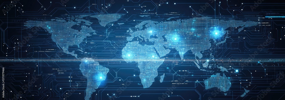 Poster digital world map with blue circuit board network abstract technology connection background