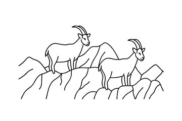 Two Mountain Goats on Rocky Peaks, Alpine Wildlife Line Art