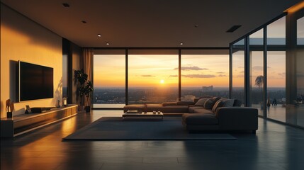 Modern living room at sunset with city view, suitable for interior design, architecture or real estate