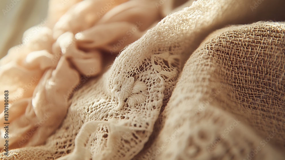Poster delicate cream fabric with lacy patterns and soft textures displayed