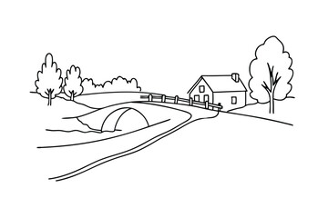 Countryside Cottage Landscape Drawing House, Trees, Road, Bridge, Farm