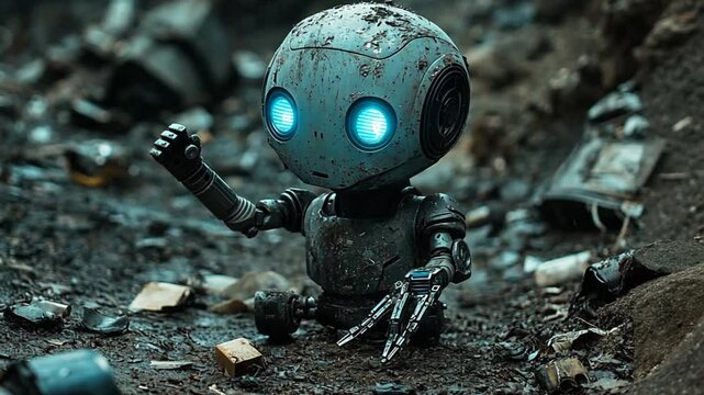 Dirty robot sits amidst trash