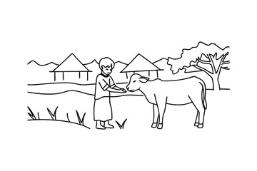 Young child feeding calf rural African village scene simple drawing