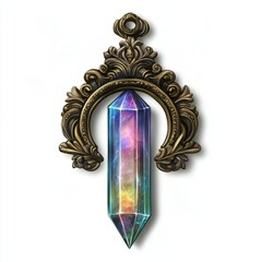 Ornate gold pendant with iridescent crystal, fantasy setting