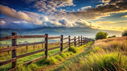 Fototapeta premium Serene Sunrise Over Rolling Hills and Wooden Fence, a Pastoral Path Beckoning