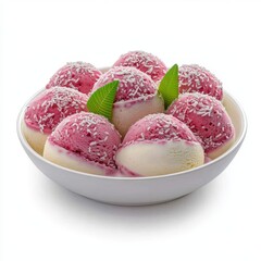Creamy Pink and White Ice Cream Scoops Topped with Shredded Coconut in Round White Bowl
