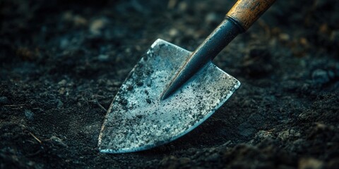 Rustic metal spade shovel in dark, rich soil, evoking themes of gardening and earth care.