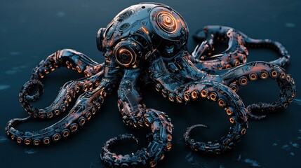 Obraz premium Futuristic Robotic Octopus with Glowing Elements and Metal Texture