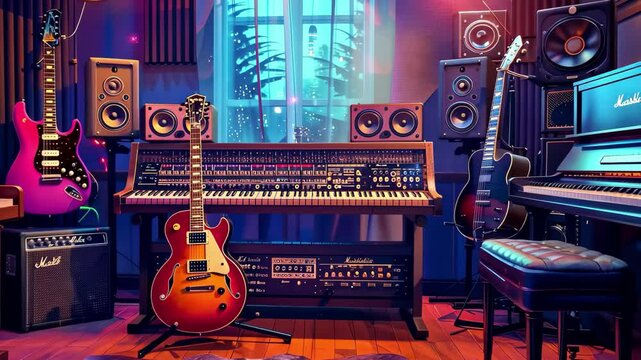 A cozy music studio showcasing instruments and equipment, featuring pianos, guitars, and sound system in warm evening light