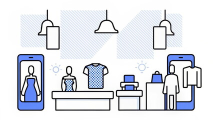 A digital illustration of a retail space featuring clothing displays, mobile devices showcasing outfits, and a checkout area. Omnichannel strategy concept.