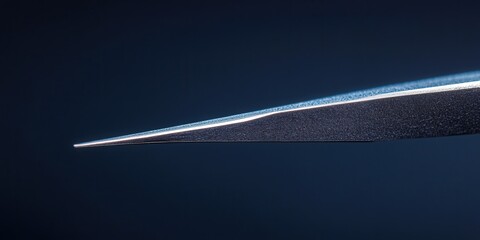 Close-up of a sharp metallic blade edge against a dark background, highlighting its precision and sharpness.