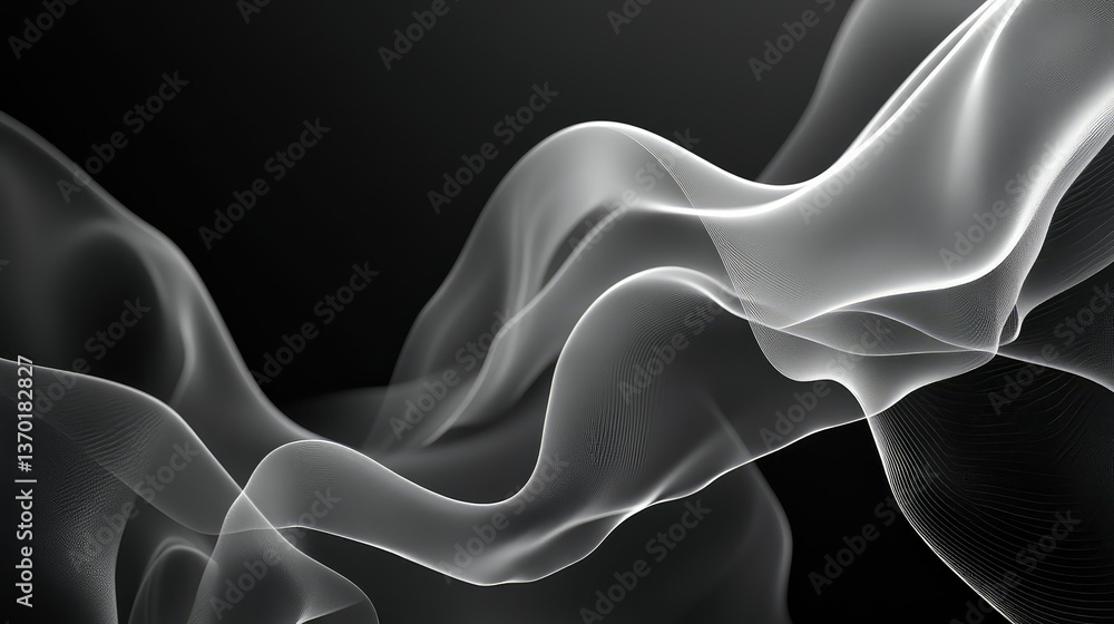 Poster ethereal flowing transparent waves on dark background, soft light creating dreamy atmosphere with su