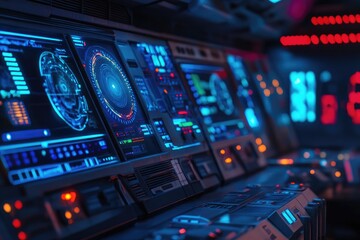 Futuristic spaceship control panel with illuminated digital displays and controls