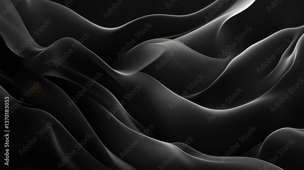 Poster abstract black and white waves flowing in a modern art style, creating a tranquil and elegant aesthe