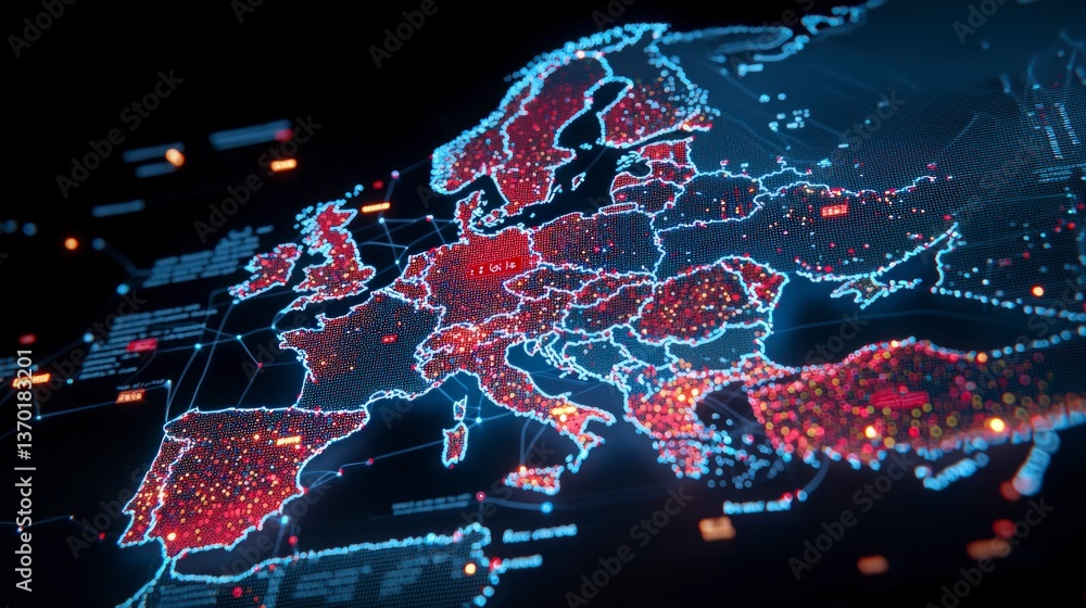 Poster digital europe map network connections data visualization global technology