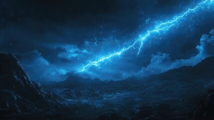 Fototapeta premium Dramatic Lightning Bolt Illuminates Dark Mountain Landscape Understormy Sky with Clouds and Glowing Blue Light in Nighttime Atmosphere