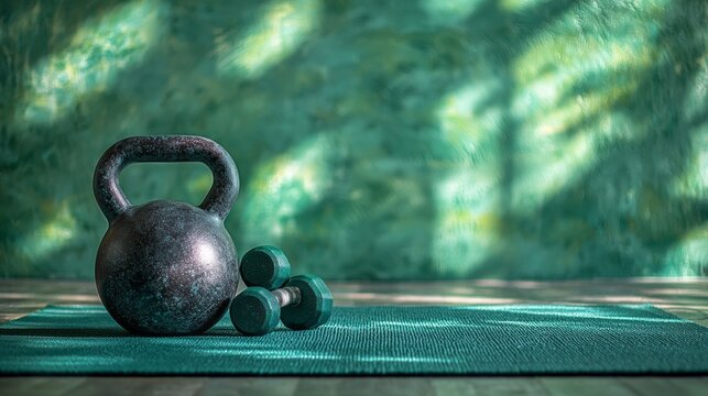A kettlebell and two dumbbells are on a green mat. The scene is peaceful and serene, with the green mat and wall providing a calming atmosphere