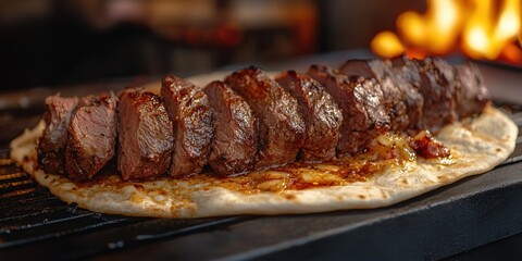 Juicy grilled meat skewers resting on a flatbread, exuding a mouthwatering aroma against a fiery background.