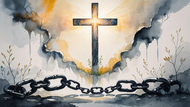 Cross emerging from chains in a dramatic watercolor style  