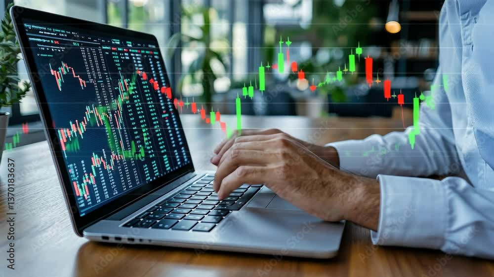 Poster analyzing stock market trends in a bright office setting during the morning hours with financial cha