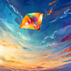 Colorful kite flying against a clear sky. 