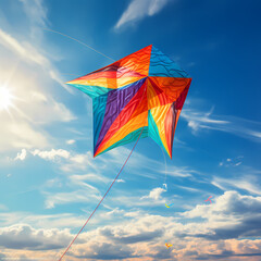 Colorful kite flying against a clear sky. 
