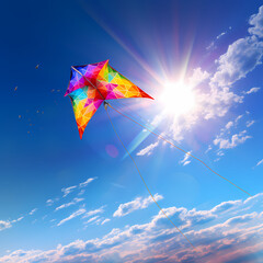 Colorful kite flying against a clear sky. 