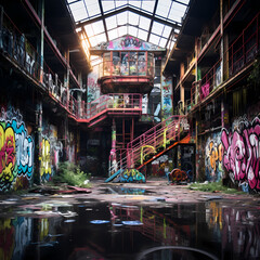 Graffiti-covered abandoned factory.