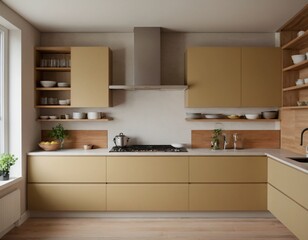 Modern minimalist kitchen with sleek cabinetry, marble countertops, and stainless steel appliances, featuring natural light streaming through large windows, showcasing open shelving with stylish decor