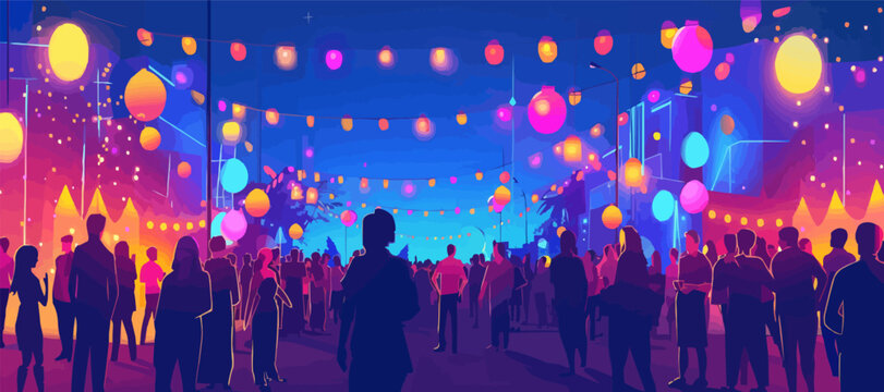 Vibrant festival night scene with lanterns, crowded street, silhouettes, city celebration, flat icons set, vector.