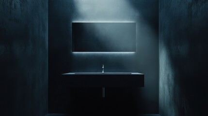 Obraz premium Modern bathroom interior, dark walls, mirror, sink