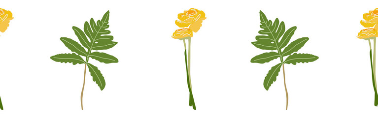 Leaves and flower border on a white background. Hand-drawn illustration. Perfect for spring and summer.	
