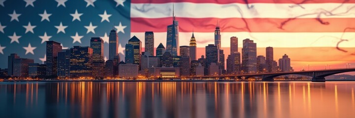 Fototapeta premium A stunning view of a skyline draped in the colors of the american flag, symbolizing patriotism, freedom, and the spirit of the usa at sunset.