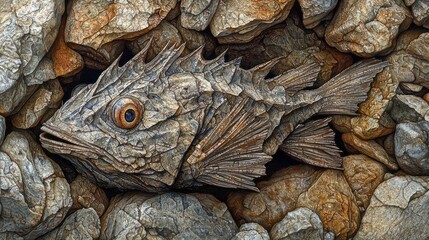 Naklejka premium Intricate Rock-Like Fish Camouflaged Among Pebbles and Stones