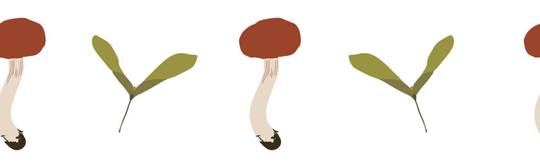  Green leaves and mushrooms border on a white background. Hand-drawn illustration. Perfect for spring and summer.