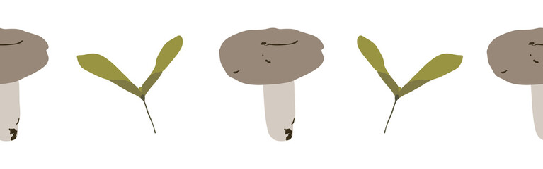  Green leaves and mushrooms border on a white background. Hand-drawn illustration. Perfect for spring and summer.