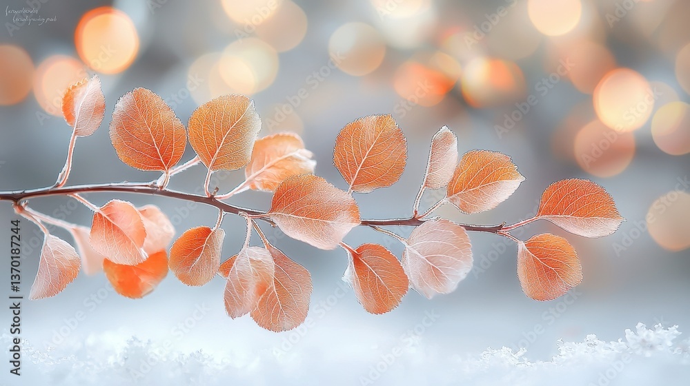 Aufkleber delicate frosted leaves on branch against soft blurred bokeh background