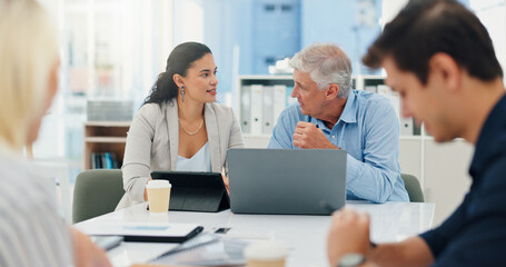 Planning, mentor and laptop with business people in meeting for agenda notes, review and feedback. Advisor, teamwork and intern with employee in office for training workshop and project management