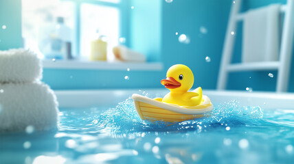 お風呂で航海するアヒルのおもちゃとボートのファンタジー風景